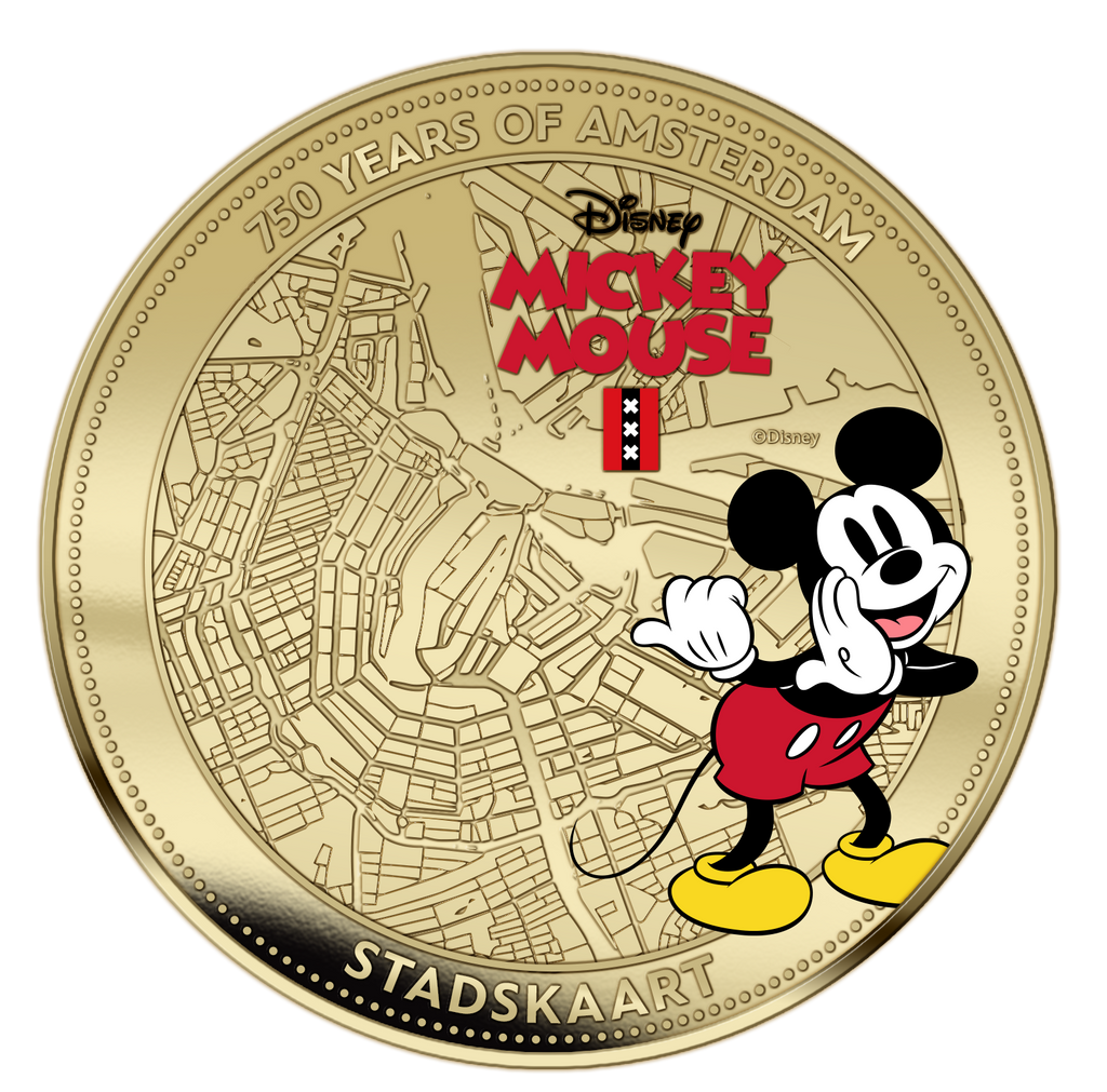 Gold coin with Mickey Mouse design and text '750 Years of Amsterdam Mickey Mouse Stadskaart'.