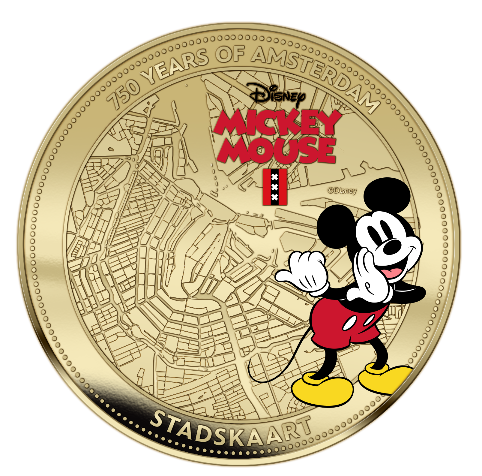 Gold coin with Mickey Mouse design and text '750 Years of Amsterdam Mickey Mouse Stadskaart'.